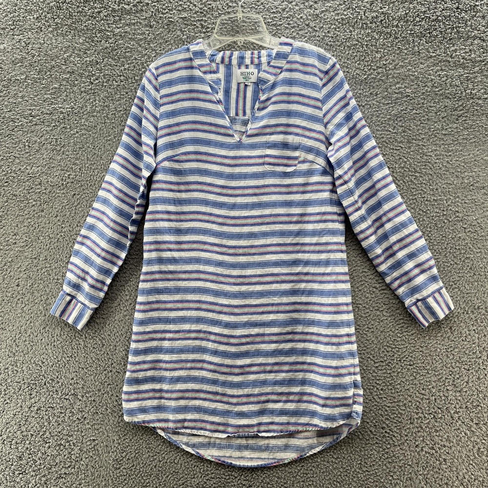 HIHO Dress Medium Blue White Stripe Linen Tunic Pullover Beach Resort Cover Up